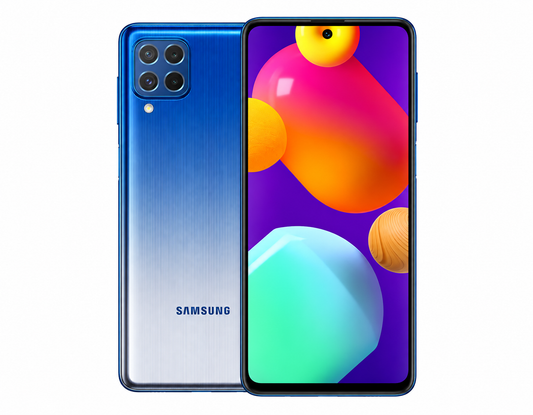 Blue Samsung Galaxy M62 smartphone showing front and back with triple rear camera