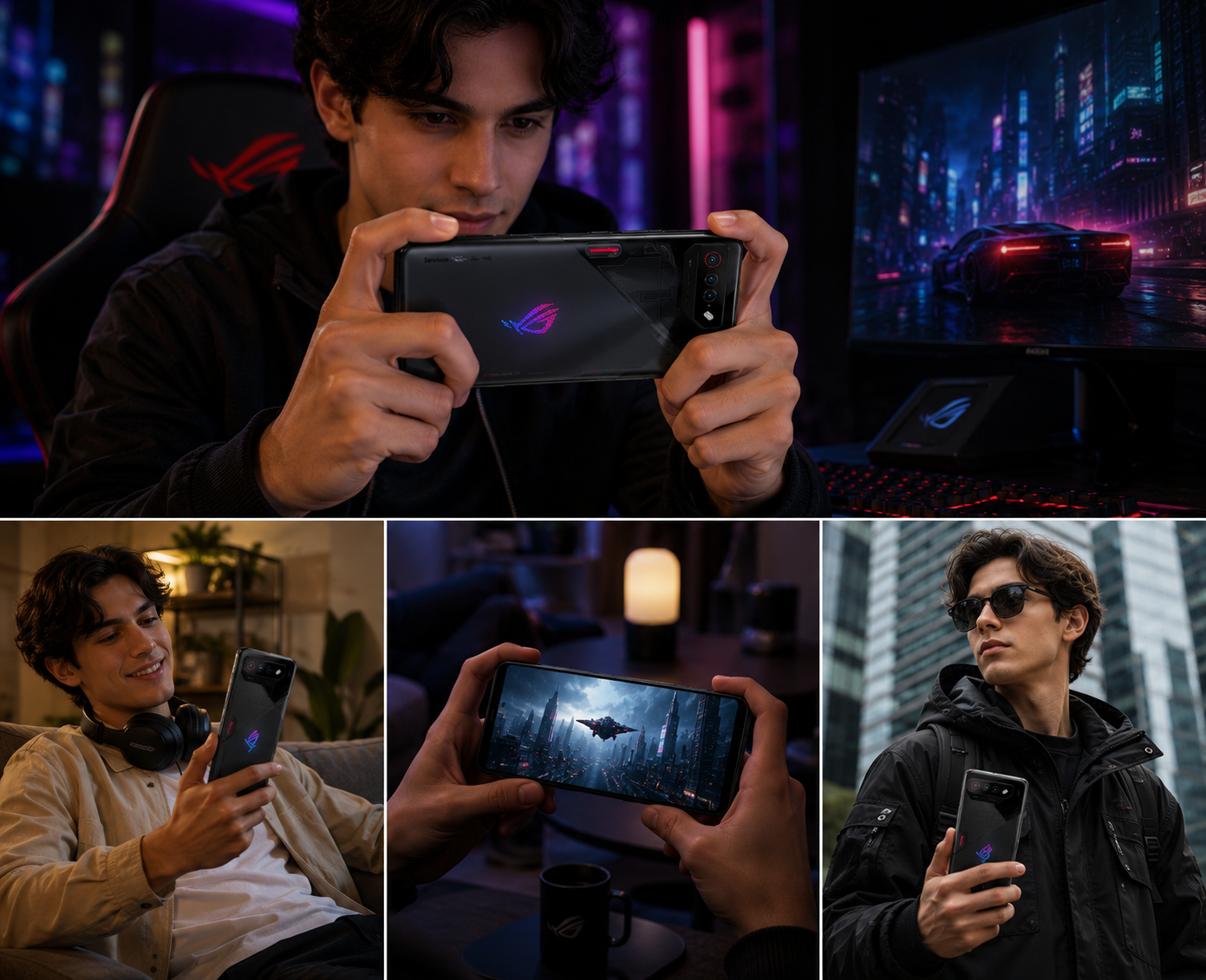 ASUS ROG Phone 7 Man holding a black ASUS ROG Phone 7 smartphone with ROG design on back