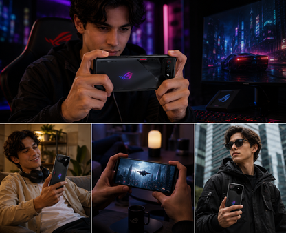 ASUS ROG Phone 7 Man holding a black ASUS ROG Phone 7 smartphone with ROG design on back