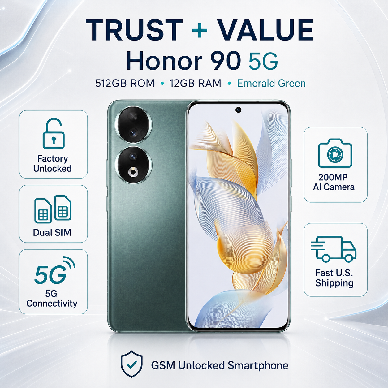 Honor 90 5G Dual SIM 512GB ROM 12GB RAM GSM Unlocked - Emerald Green