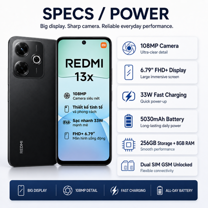 Xiaomi Redmi 13X 4G 256GB ROM 8GB RAM Dual SIM GSM Unlocked - Black