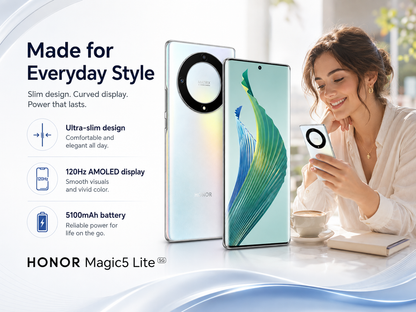 Silver smartphone with rear camera ring and front display, slim curved design