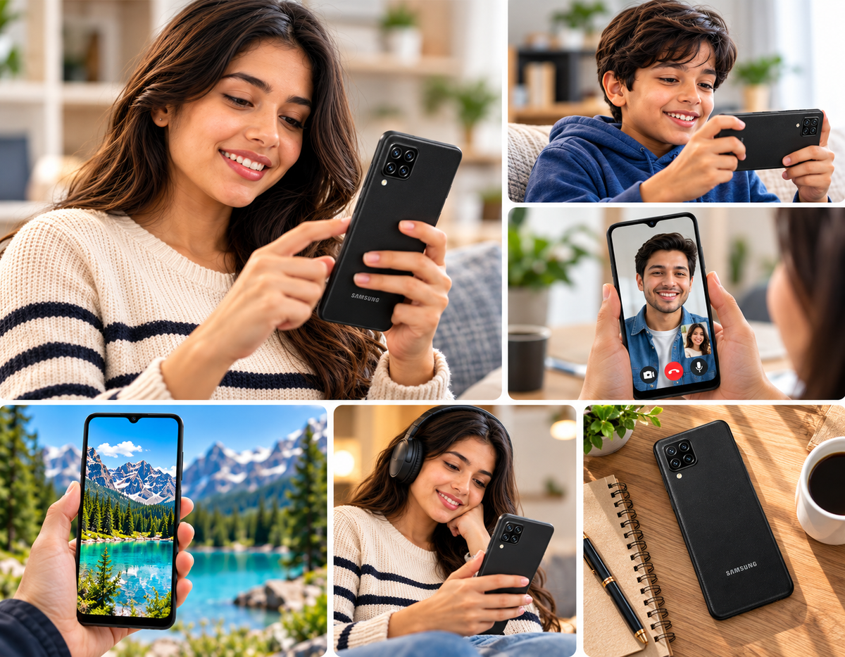 Black Samsung Galaxy A12 smartphone held by people, front screen and rear camera visible