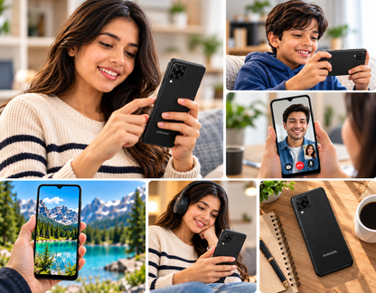 Black Samsung Galaxy A12 smartphone held by people, front screen and rear camera visible