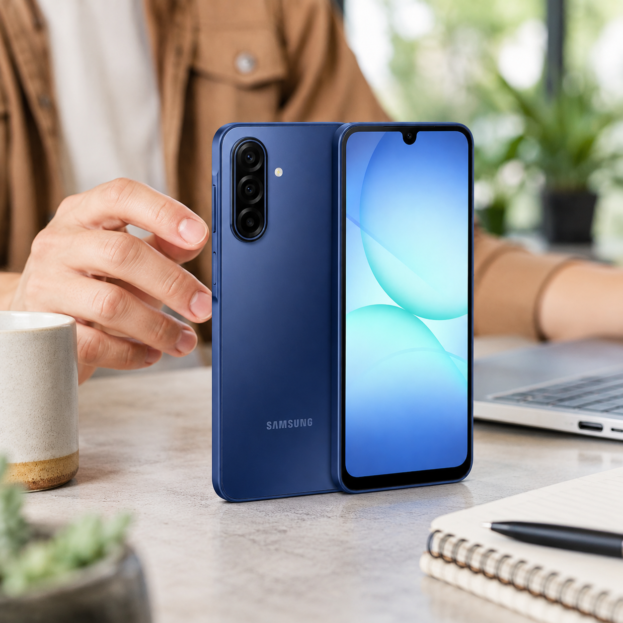 Blue Samsung Galaxy A17 4G smartphone held in hand, front display and rear cameras visible