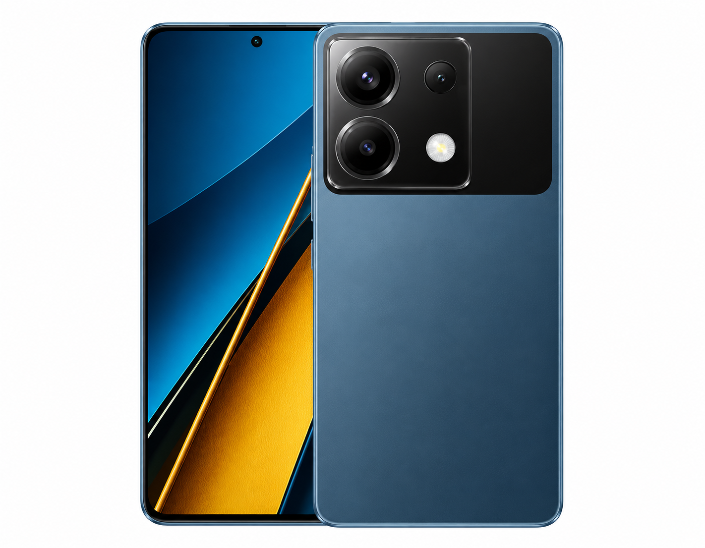 Blue Poco X6 5G smartphone close-up: front screen and rear camera module
