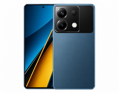Blue Poco X6 5G smartphone close-up: front screen and rear camera module