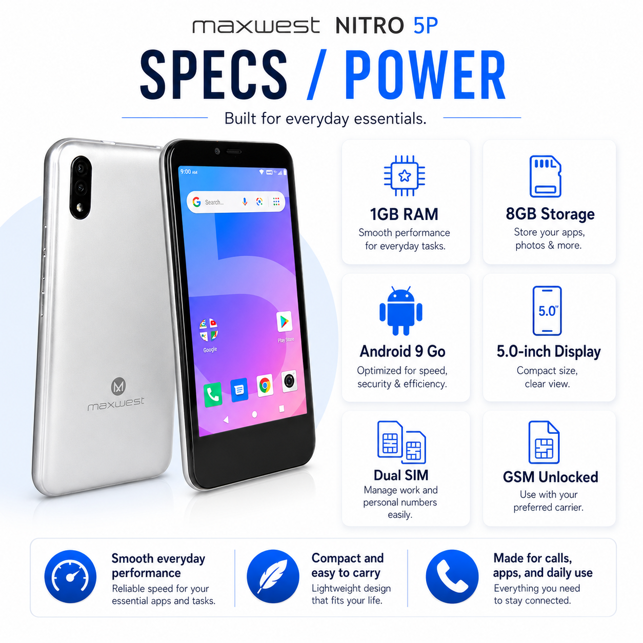 Silver dual-camera smartphone shown front and back, with Android home screen.