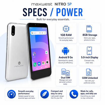 Silver dual-camera smartphone shown front and back, with Android home screen.