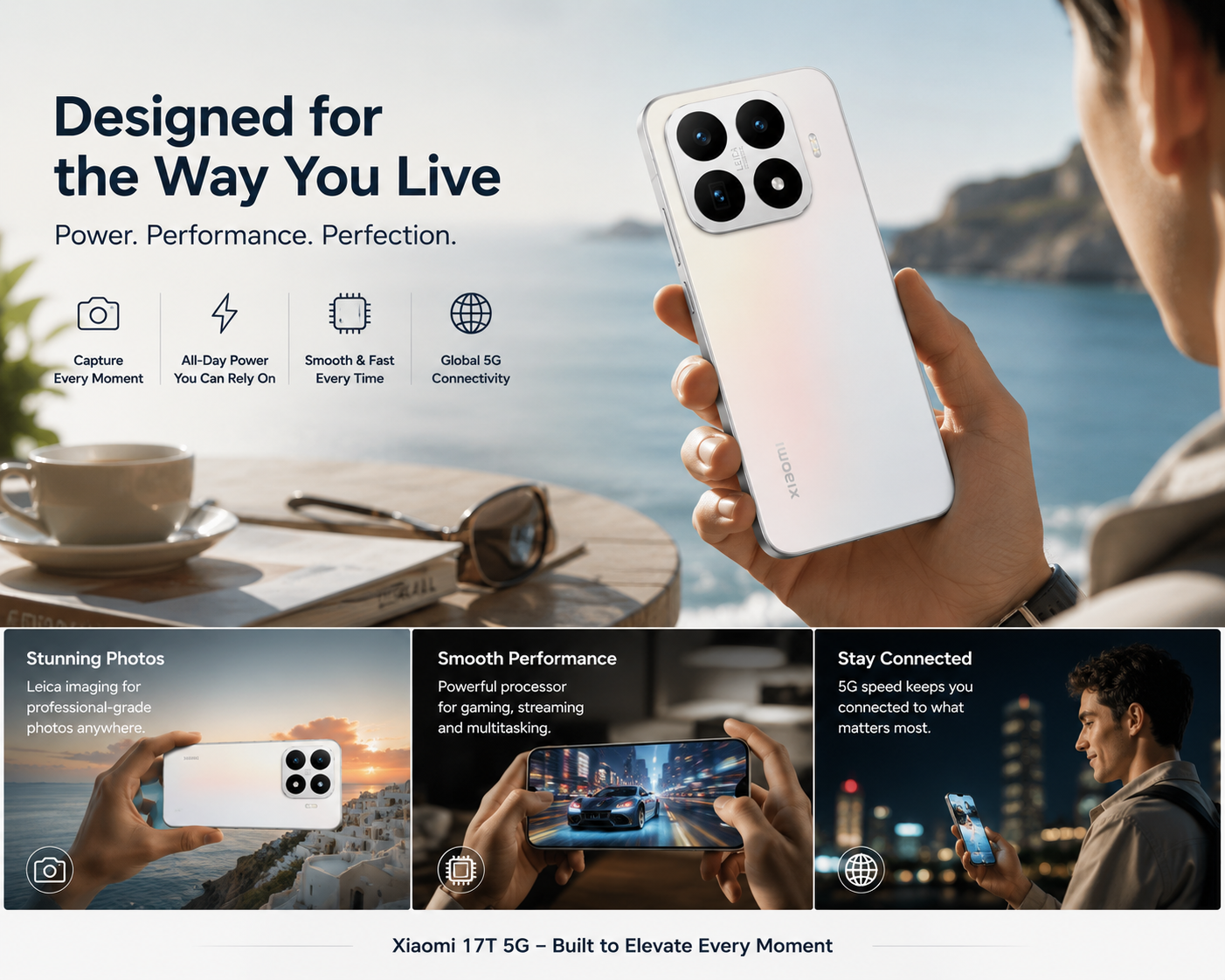 White Xiaomi 17T 5G smartphone held in hand, showing quad rear cameras