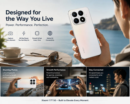 White Xiaomi 17T 5G smartphone held in hand, showing quad rear cameras