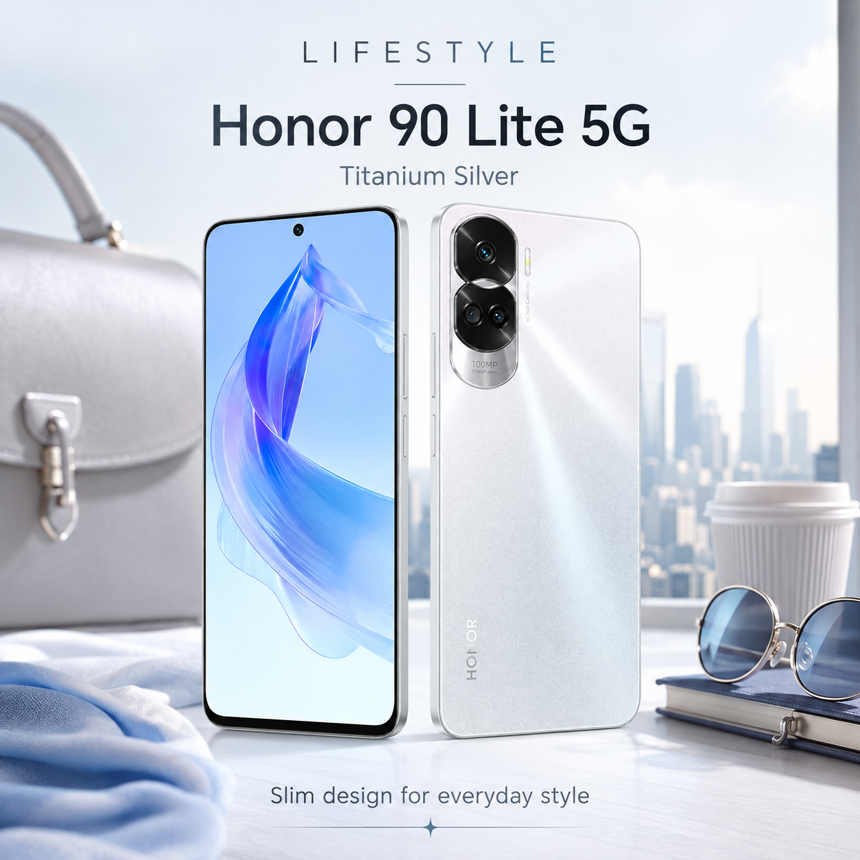 Titanium silver Honor 90 Lite 5G smartphone with blue front display and triple rear cameras