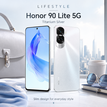 Titanium silver Honor 90 Lite 5G smartphone with blue front display and triple rear cameras