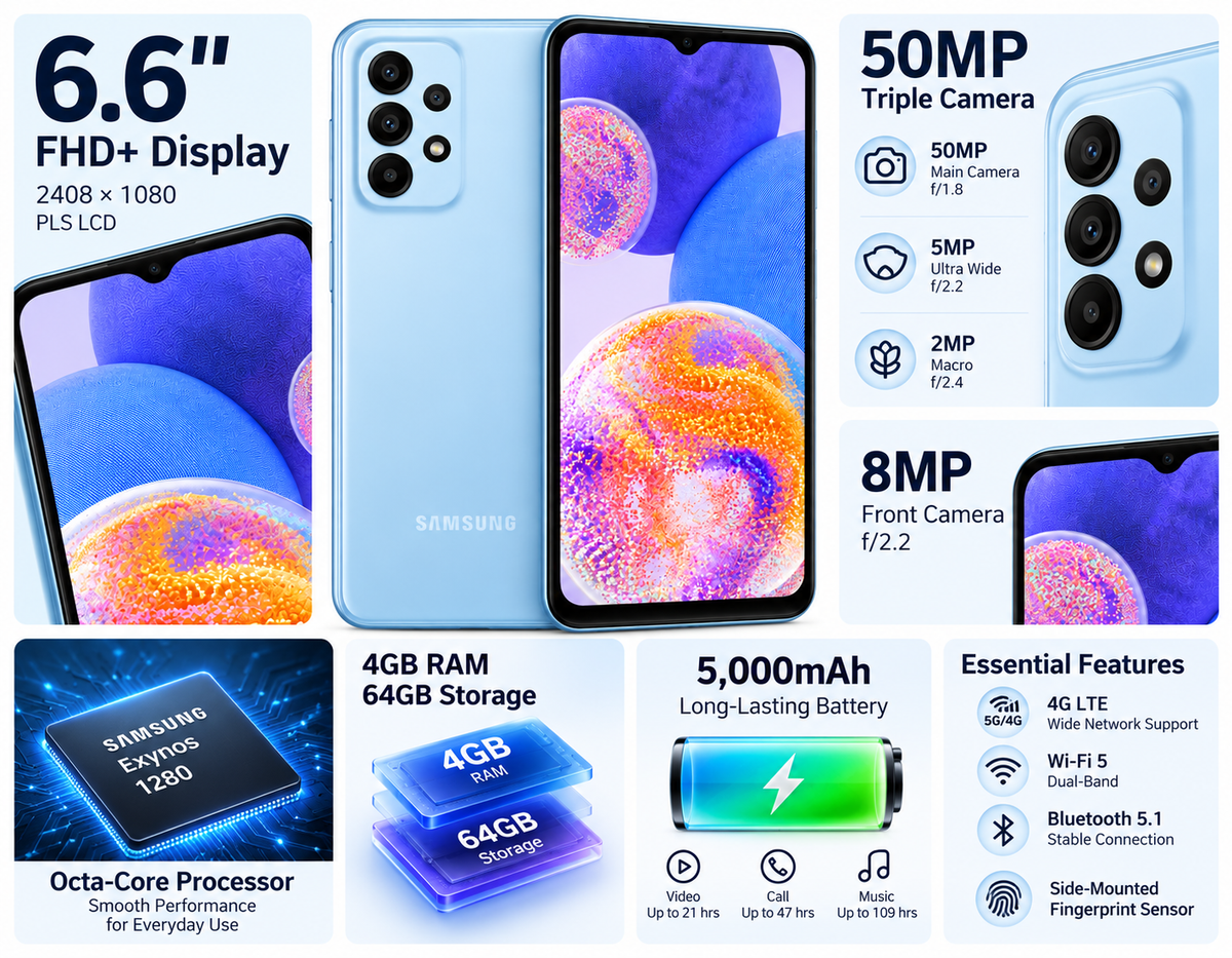 Blue Samsung Galaxy A23 6.6-inch smartphone with front display and rear camera module