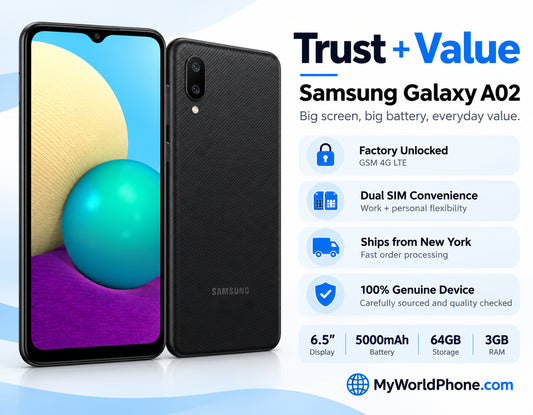 Samsung Galaxy A02 4G Black dual-SIM smartphone showing front display and rear camera module