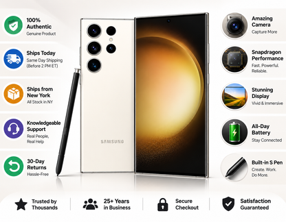 Cream Samsung Galaxy S23 Ultra 5G smartphone, front and back view with S Pen