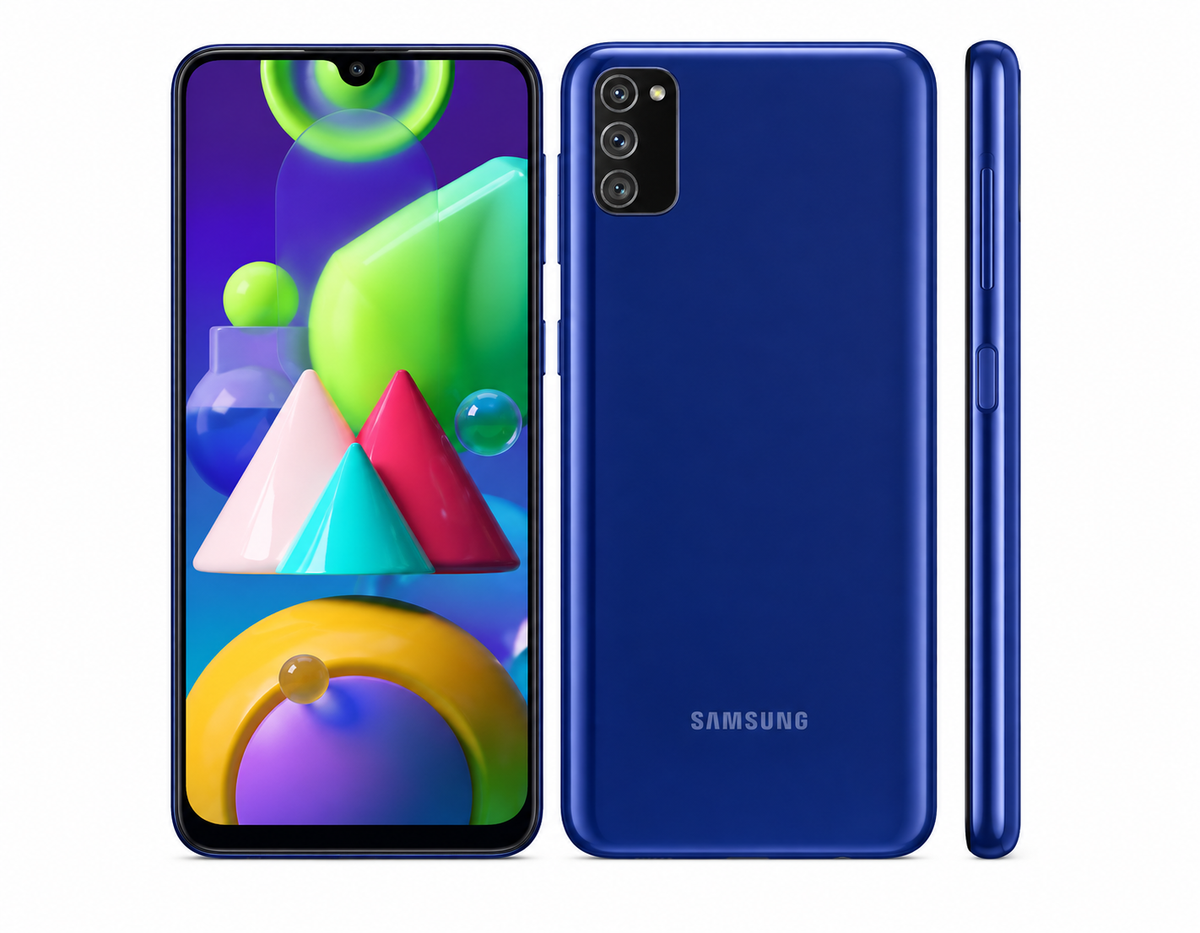 Samsung Galaxy M21  Blue Samsung Galaxy smartphone front and back, side buttons visible