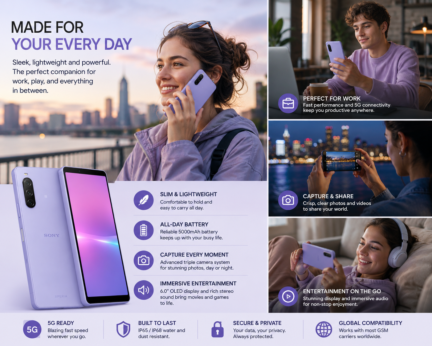 Sony Xperia 10 V XQ-DC72 Lavender smartphone held near face, front screen visible and rear camera at side