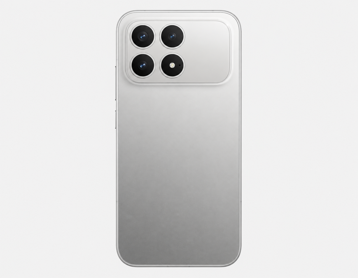 Xiaomi Poco F8 Pro 5G Silver smartphone back view with four lenses in a rectangular camera housing.