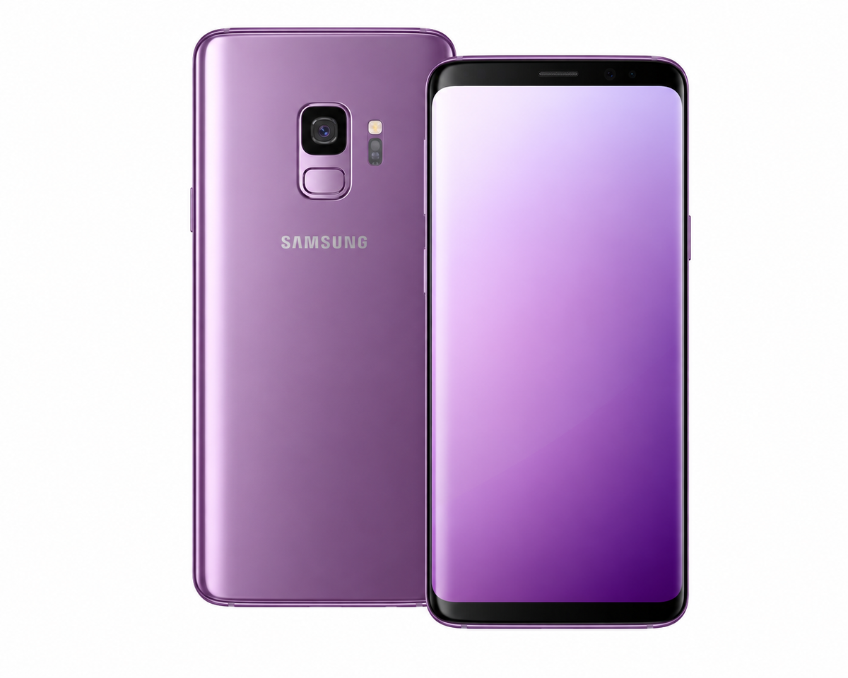 Purple Samsung Galaxy S9 smartphone front and rear panels, rear camera and Samsung logo