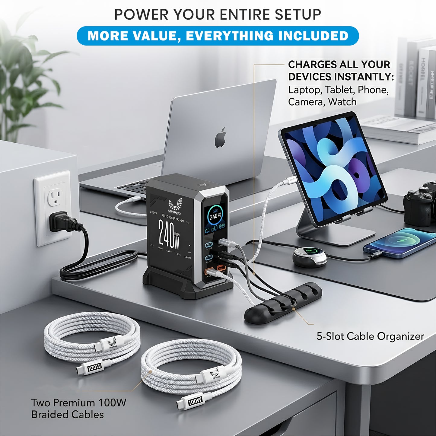 USATEKO 240W GaN 6-Port USB Charging Station with 140W USB-C and 2× 100W Cables