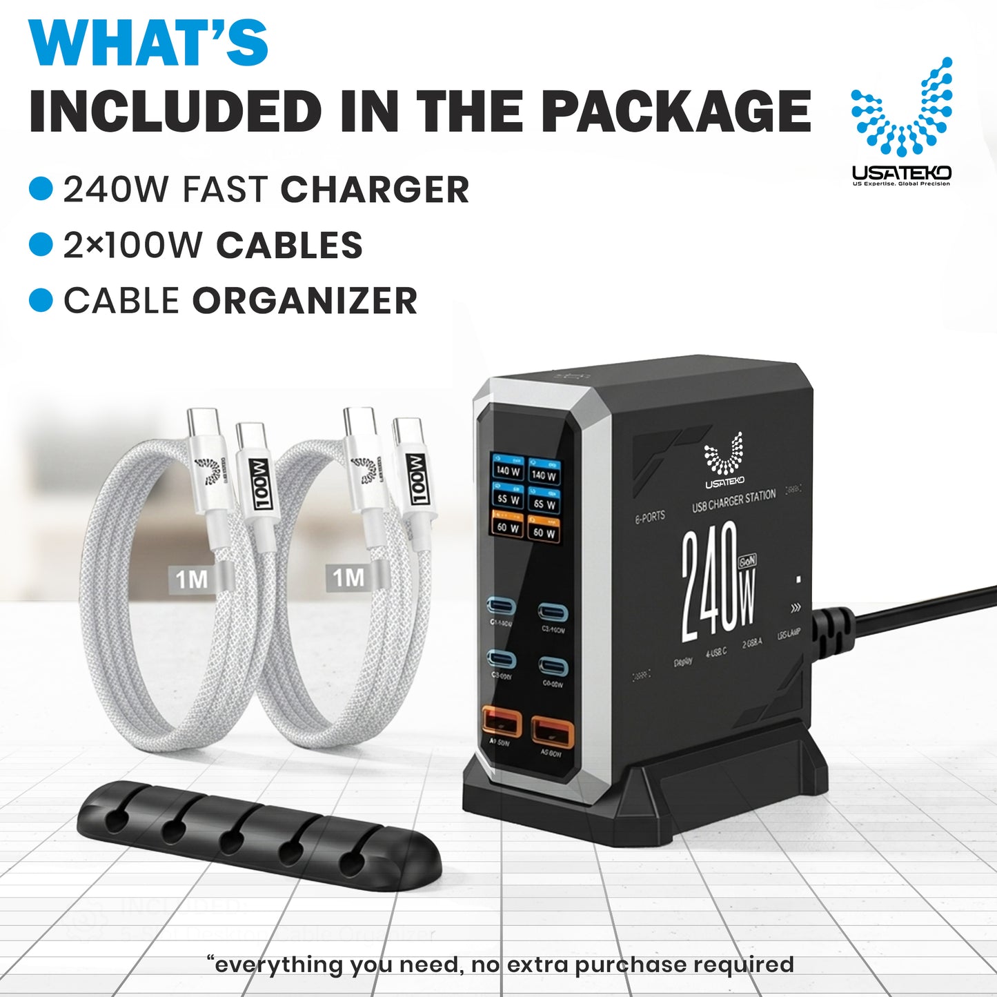 USATEKO 240W GaN 6-Port USB Charging Station with 140W USB-C and 2× 100W Cables