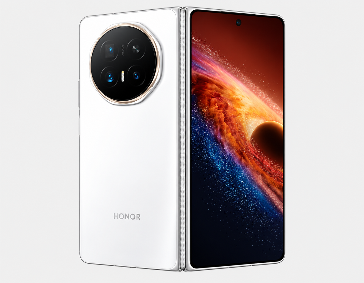 Honor Magic V6 5G White foldable smartphone open view with dual screens and circular quad-camera module.