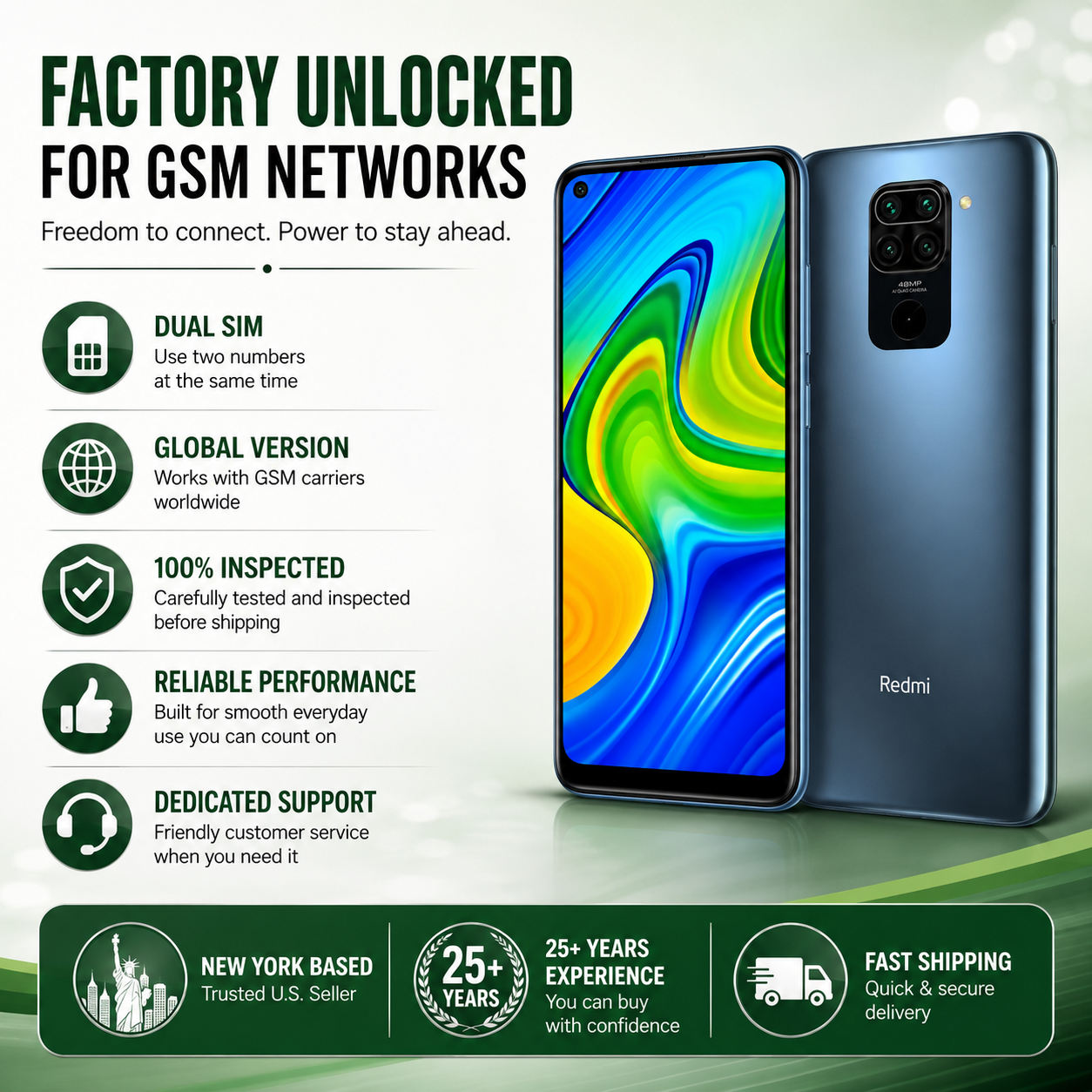 Xiaomi Redmi Note 9 3GB/64GB Dual Sim 6.53" 48MP GSM Unlocked- Forest Green