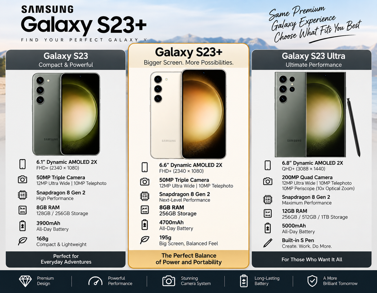 SAMSUNG Galaxy S23+ 5G Front and back Samsung smartphone in a specs comparison layout