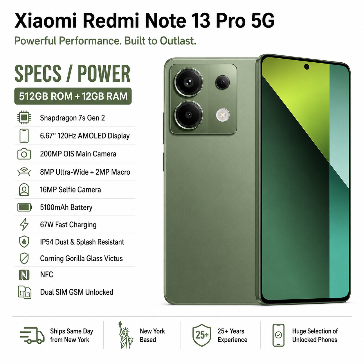 Xiaomi Redmi Note 13 PRO 5G 512GB ROM 12GB RAM Dual SIM GSM Unlocked - Olive Green
