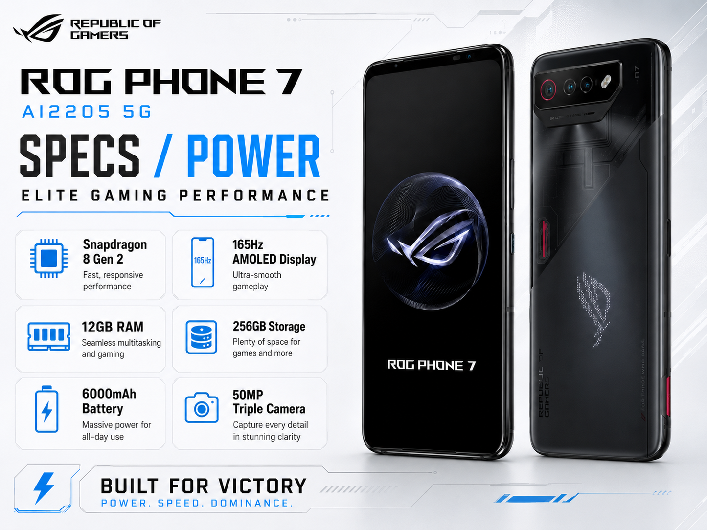 ASUS ROG Phone 7 Black gaming smartphone front and back, side red accent and rear ROG-style mark