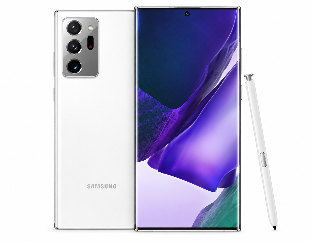 White Samsung Galaxy Note 20 Ultra 5G smartphone with S Pen, front and back shown