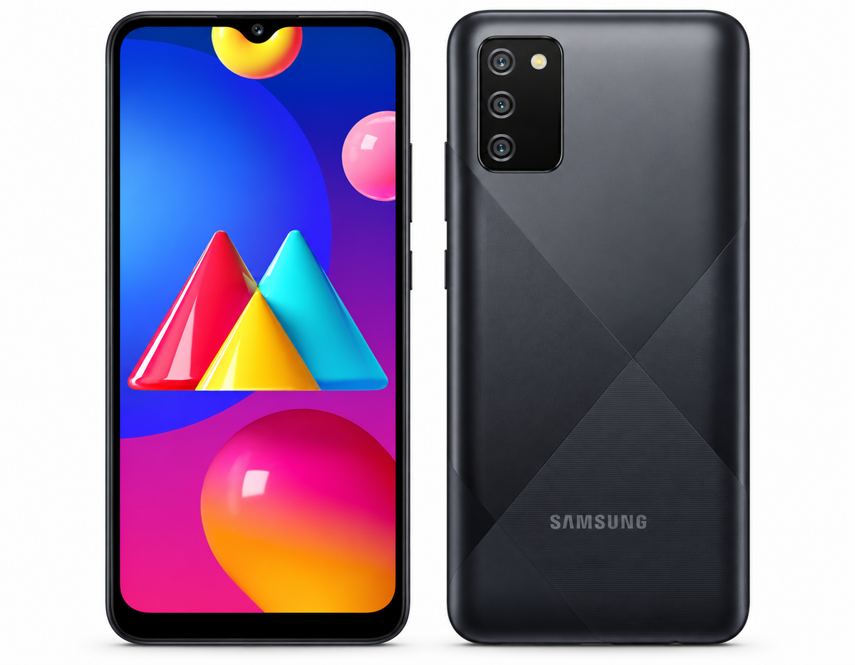 Black Samsung Galaxy M02s smartphone with front screen and rear camera panel