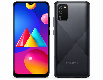 Black Samsung Galaxy M02s smartphone with front screen and rear camera panel