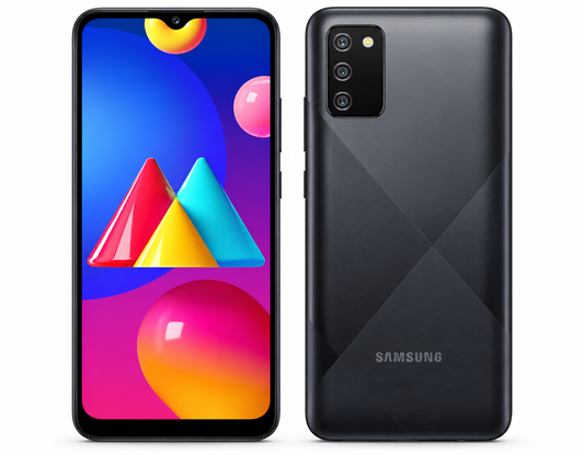 Black Samsung Galaxy M02s smartphone with front screen and rear camera panel
