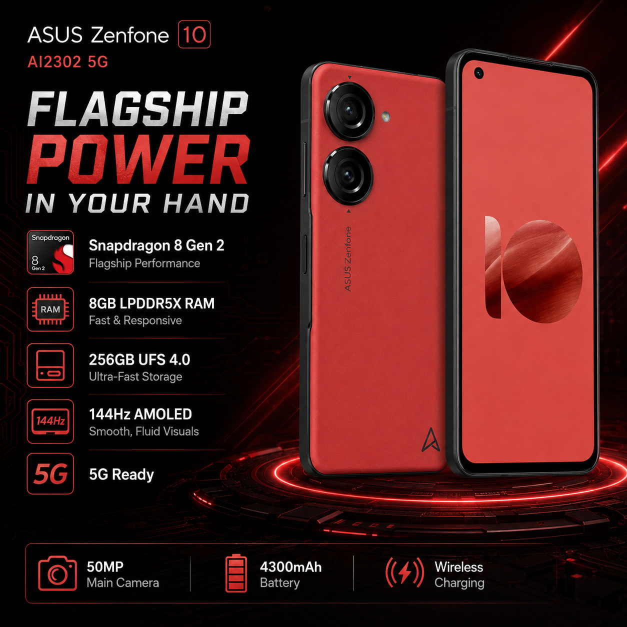 Red ASUS Zenfone 10 smartphone with dual rear cameras and front display, shown from front and back.