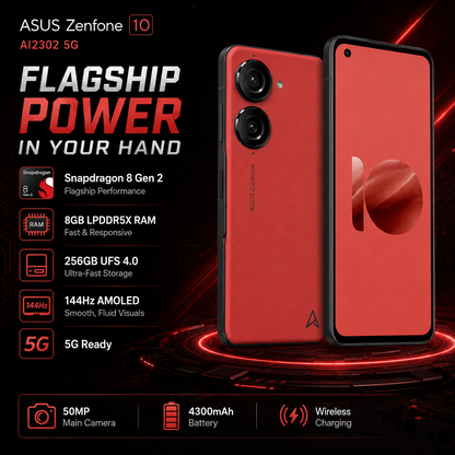 Red ASUS Zenfone 10 smartphone with dual rear cameras and front display, shown from front and back.