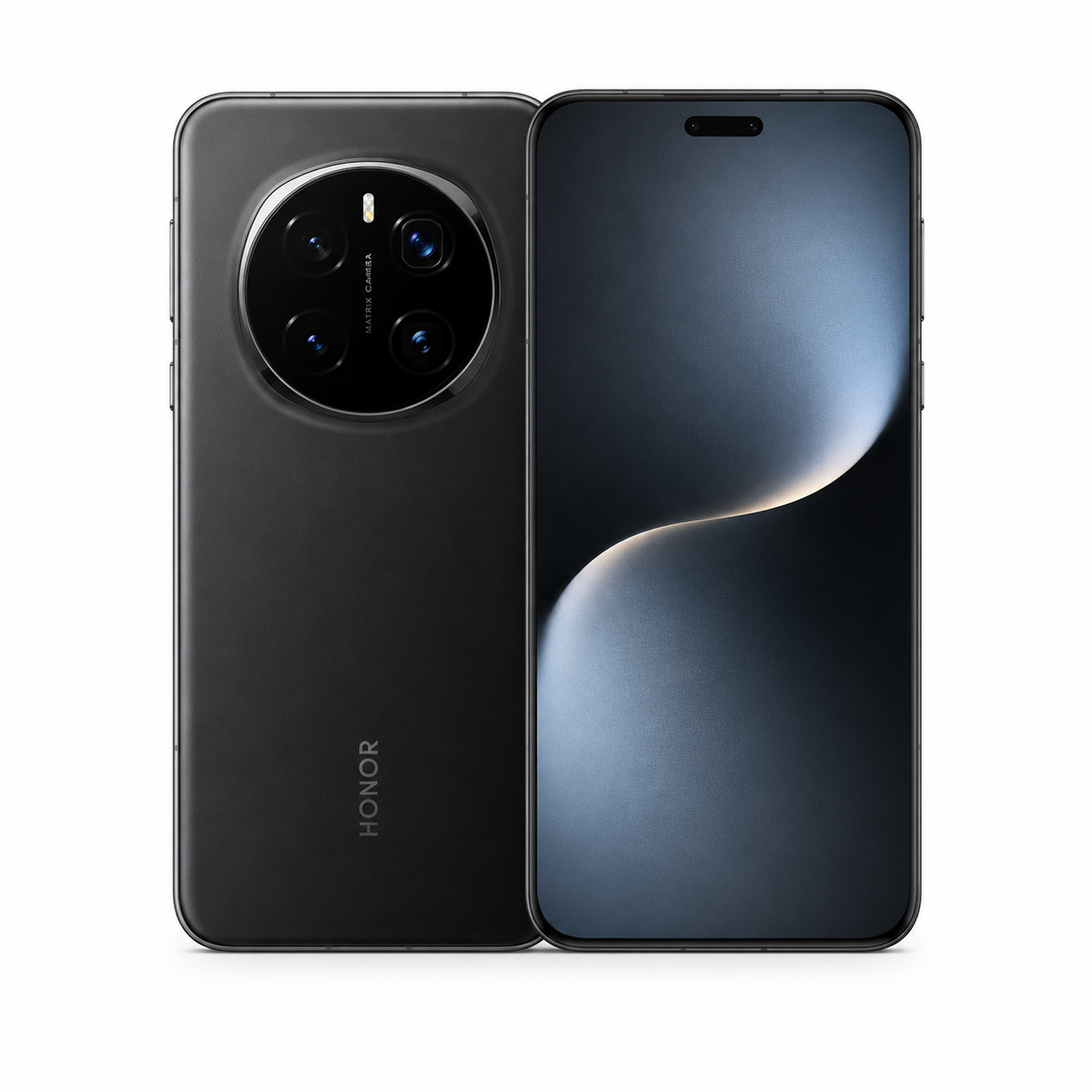 Black HONOR smartphone front and back, triple-lens rear camera module