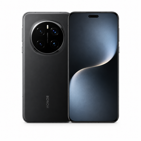 Black HONOR smartphone front and back, triple-lens rear camera module