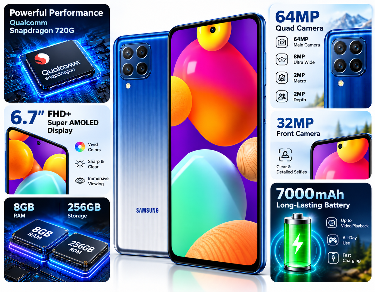 Blue Samsung Galaxy M62 smartphone front view with visible camera lenses on the rear