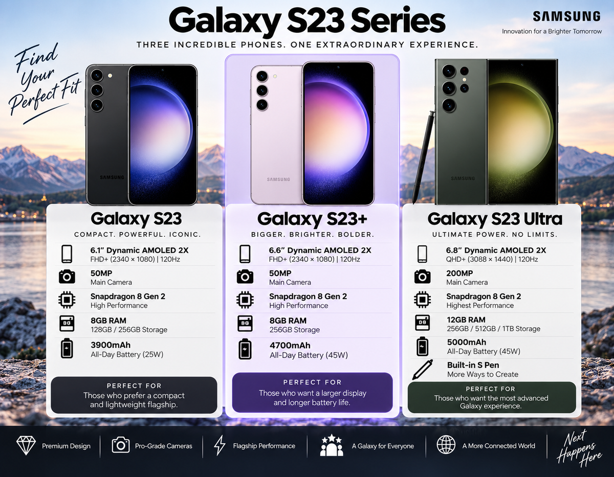 Lavender Samsung Galaxy S23+ smartphone in promotional lineup, front display and back visible