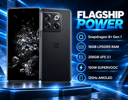 Black OnePlus Ace Pro 10T smartphone, front and back views with quad camera module