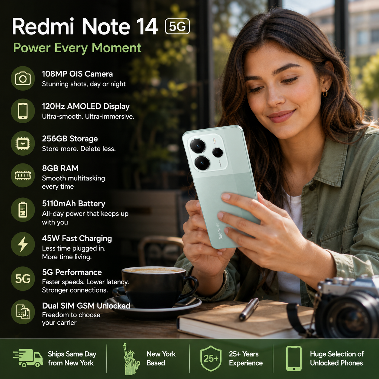 Xiaomi Redmi Note 14 5G 256GB ROM 8GB RAM Dual Sim GSM Unlocked - Coral Green