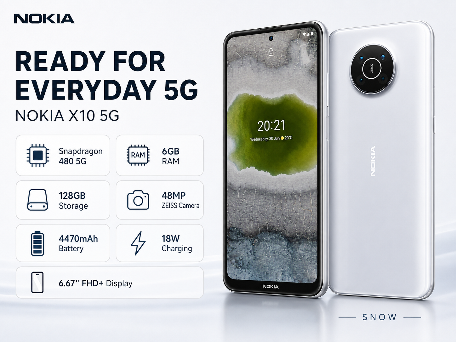 Nokia X10 5G smartphone with white back and front display, dual SIM