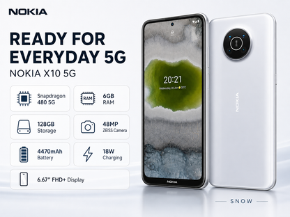 Nokia X10 5G smartphone with white back and front display, dual SIM