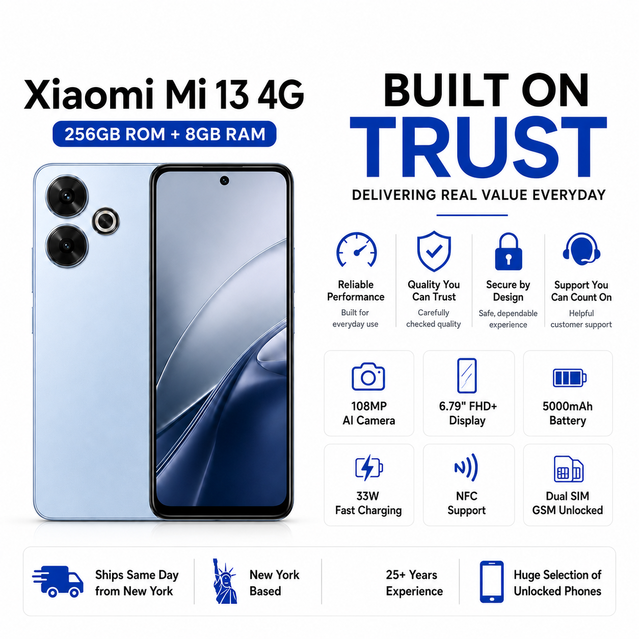 Xiaomi Redmi 13 4G Dual SIM 256GB ROM 8GB RAM GSM Unlocked - Blue