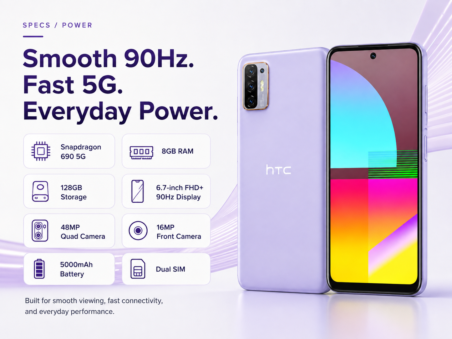 HTC Desire 21 Pro 5G  Lavender purple smartphone showing front screen and rear camera module, dual SIM