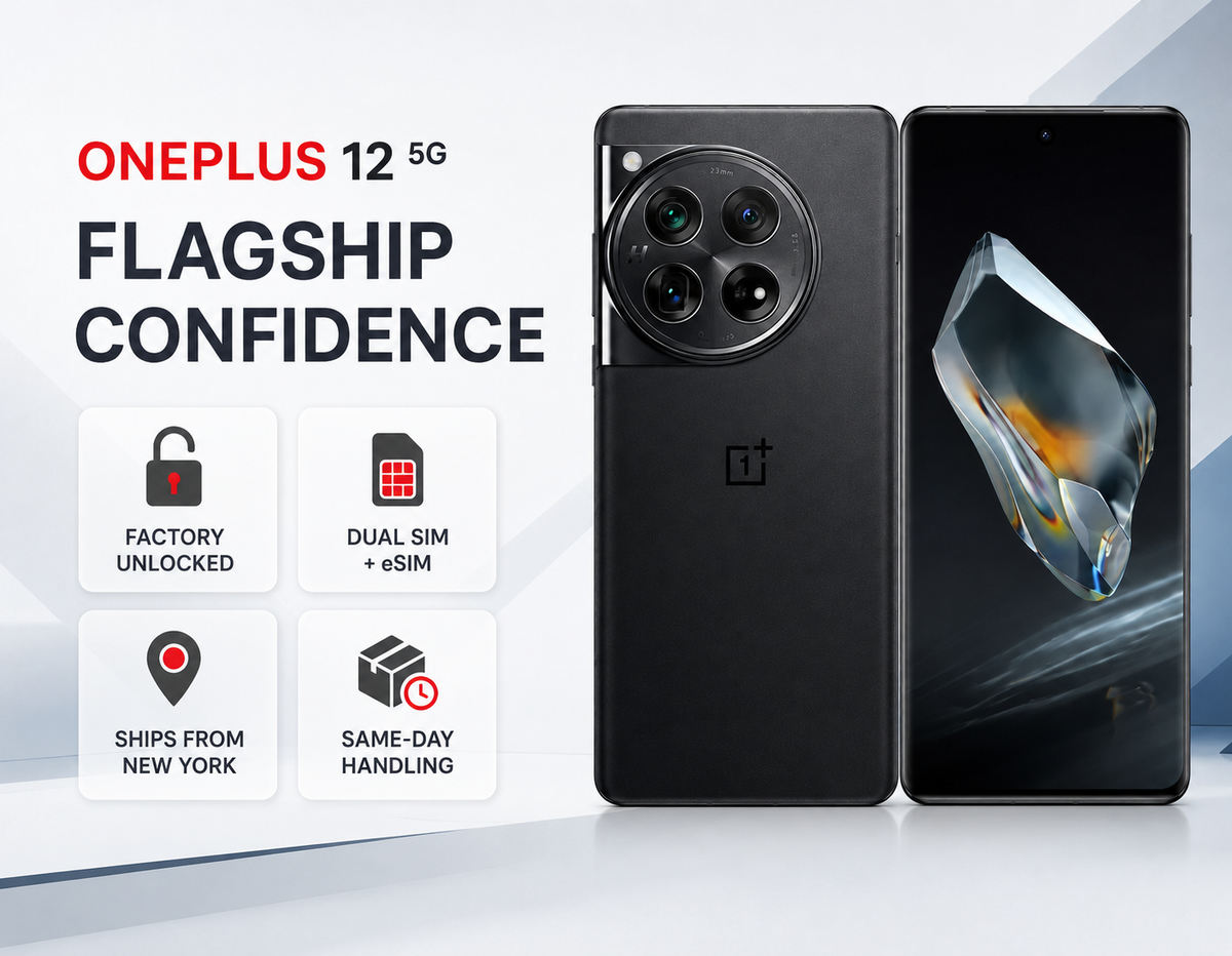 OnePlus 12 5G smartphone front and back in black, quad-lens rear camera array
