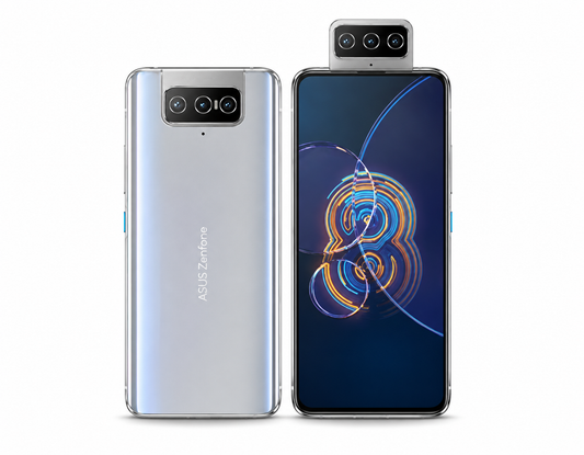 Asus Zenfone 8 Flip Silver dual-camera flip smartphone showing rear back and front display