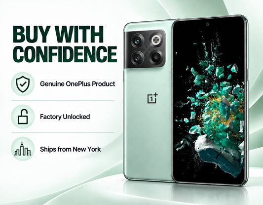 OnePlus 10T 5G Jade green smartphone shown front and back, with dual rear camera module